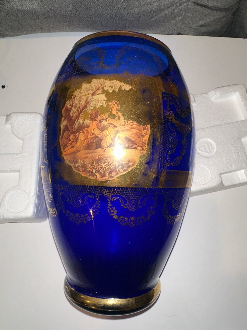 Blue and Gold Decorative Glass Vase with Classical Scene